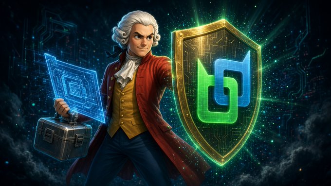 A digital illustration shows a figure in 18th-century attire holding a briefcase, standing next to a glowing shield with a stylized logo.
