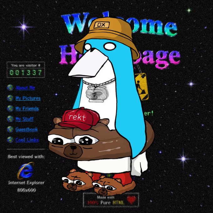 A retro Y2K-style "Welcome" graphic featuring a blue bird character wearing a tan hat and a radiation pendant, standing behind a brown poop emoji wearing a "rekt" hat and slippers against a starry space background.