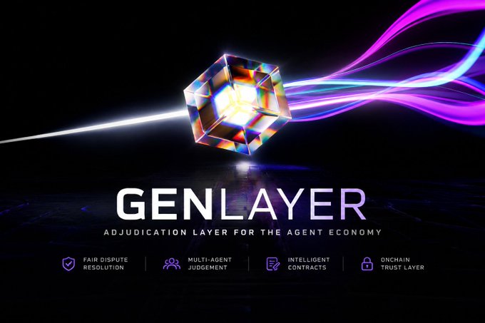 Promotional banner for GENLAYER, an 'Adjudication Layer for the Agent Economy,' featuring a glowing crystal and text highlighting 'Fair Dispute Resolution,' 'Multi-Agent Judgement,' 'Intelligent Contracts,' and 'Onchain Trust Layer.'