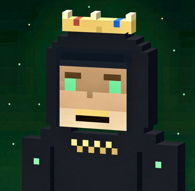 A voxel-style pixel art character wearing a black hooded robe and a crown adorned with red and blue gems stares forward with glowing green eyes against a dark pixelated background, symbolizing the fresh-start "king" narrative of the post. The character appears as a mysterious digital ruler, fitting the post's theme of a new contract launch by @BuildXrp ($XRP) following the previous dev rug pull, with the crown representing regrowth and the V2 rebuild funded by the $4k raised for the community.