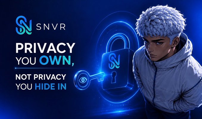 The image is a promotional graphic for SNVR featuring an anime-style character with silver hair in a hooded jacket beside a glowing blue padlock bearing the SNVR logo, with the text "PRIVACY YOU OWN, NOT PRIVACY YOU HIDE IN." This visually reinforces the post's message that SNVR shifts crypto privacy from concealment to user-owned, verifiable control rather than evasion.