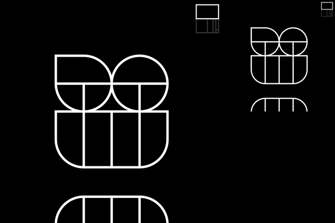 A black background displays minimalist white geometric line art depicting a stylized logo composed of curved and rectangular shapes.