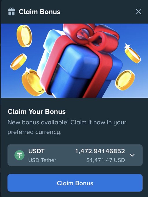 A mobile "Claim Bonus" popup from Stake.com showing a wrapped gift box with gold coins, offering a bonus of 1,472.94146852 USDT (equivalent to $1,471.47 USD) with a "Claim Bonus" button.

The image relates to the post by displaying the weekly bonus claim interface from Stake.com, where users can redeem their rewards—with this particular bonus converting to approximately $1,471.47 USD in USDT.