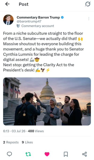 A tweet from Commentary Baron Trump (@barontrump47) celebrates the "Massive shoutout" for digital asset advocacy in the U.S. Senate, specifically thanking Senator Cynthia Lummis for championing the Clarity Act, accompanied by a photo of her with supporters on the Capitol steps. The celebratory post aligns with the user's enthusiasm about the Clarity Act's progress and the broader crypto momentum they're celebrating.