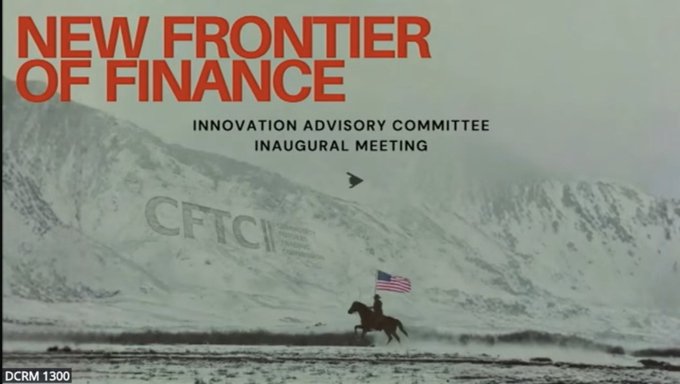 A promotional slide reads "NEW FRONTIER OF FINANCE — INNOVATION ADVISORY COMMITTEE INAUGURAL MEETING" with the CFTC logo, set against a backdrop of a lone horseback rider carrying an American flag across a snowy mountain landscape.