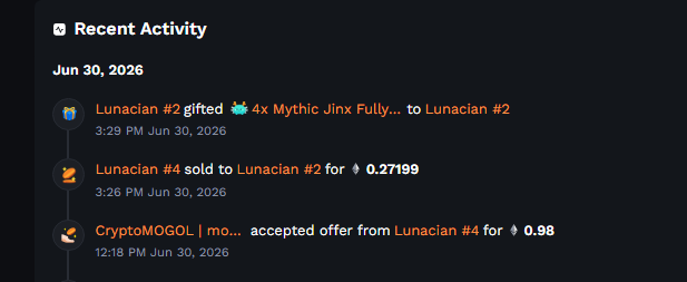 A 'Recent Activity' feed from June 30, 2026, showing Lunarain #2 gifting a Mythic Jinx Fully..., Lunarain #4 selling to Lunarain #2 for 0.27199, and CryptoMOGOL accepting an offer from Lunarain #4 for 0.98.