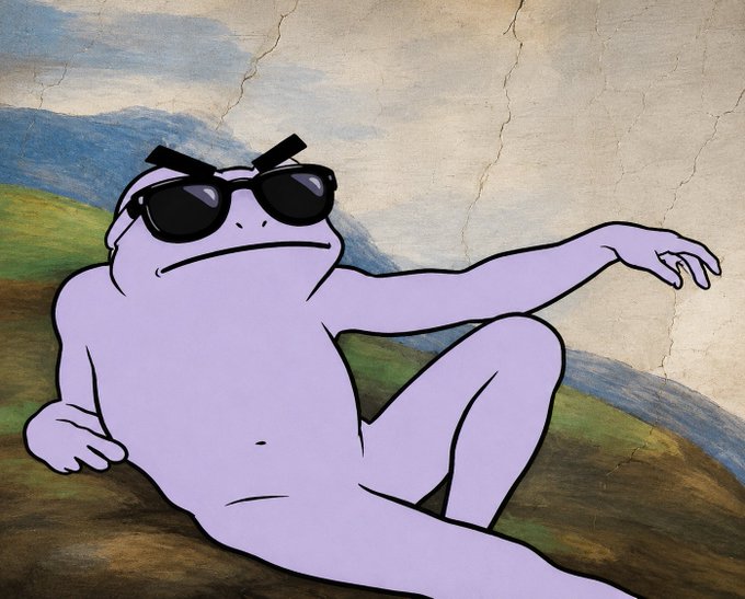 A cartoon drawing of a relaxed, purple lizard-like character wearing black sunglasses, posed in front of a background resembling the cracked Mona Lisa painting.