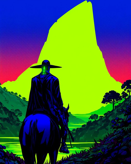 A stylized neon illustration of a lone figure in a wide-brimmed hat riding a horse, gazing at a large glowing green mountain peak against a purple and blue sky.
