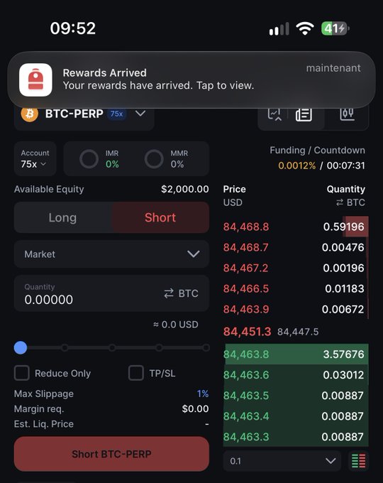 A trading app interface showing a BTC-PERP short order panel with prices around 84,451.3 USD and available equity of $2,000.00.