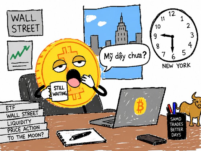 A cartoon illustration of a tired Bitcoin coin holding a mug that reads 'STILL WAITING' at a desk cluttered with finance books, with a 'Wall Street' sign and a New York clock in the background.