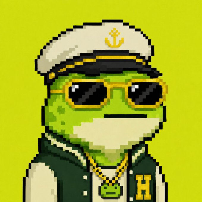 Pixel art of a green frog wearing a white sailor hat with a gold anchor, yellow-rimmed sunglasses, a varsity jacket with an 'H', and a frog pendant necklace.
