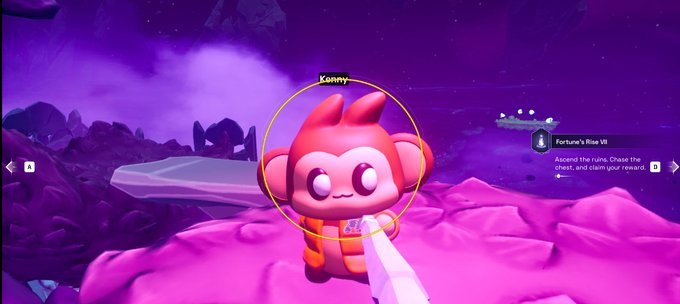 Screenshot from a video game showing a character named 'Kenny' (a cute monkey-like creature) being targeted, with a quest prompt titled 'Fortune's Rise VII' instructing to ascend ruins, chase the chest, and claim the reward.