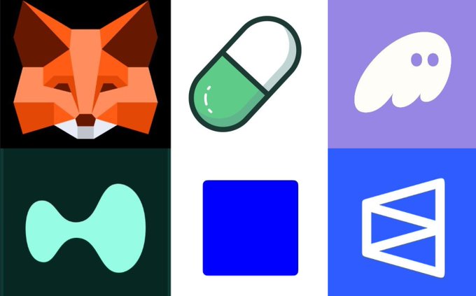 The image displays a grid of six icons representing crypto projects—MetaMask (fox), a pill (likely PumpFun), a ghost (Phantom), an "H" shape (Hyperliquid), a blue square (Base), and a triangle (Polymarket)—corresponding to the airdrops listed in the post that the user humorously suggests are unlikely to ever be distributed.