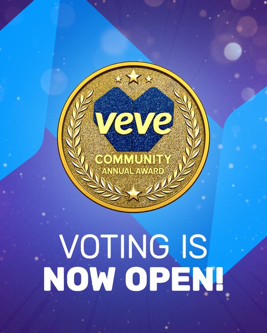 A promotional graphic for the 'veve Community Annual Award' announcing 'VOTING IS NOW OPEN!' against a blue and purple geometric background.
