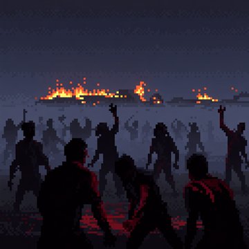 A dark, atmospheric pixel art scene showing silhouettes of a crowd of people, with a distant burning structure glowing orange in the background.