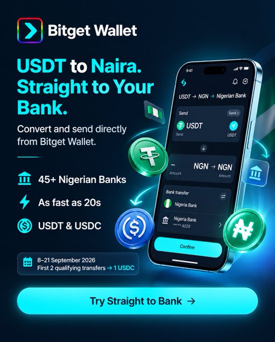 The image is a Bitget Wallet advertisement promoting their "USDT to Naira. Straight to Your Bank" feature, showing a mobile app interface for converting USDT to NGN and transferring directly to Nigerian banks like Nigeria Bank (****4529), with key highlights including support for 45+ Nigerian Banks, transfers as fast as 20s, and USDT & USDC support, plus a promotional offer from 8–21 September 2026 offering 1 USDC for the first 2 qualifying transfers. A "Try Straight to Bank" button appears at the bottom.

The ad directly addresses the post's concern about the complicated process of getting USDT into a Nigerian bank account, positioning Bitget Wallet as the direct solution that eliminates the typical exchange/P2P/withdrawal "side quest" by enabling seamless bank transfers.