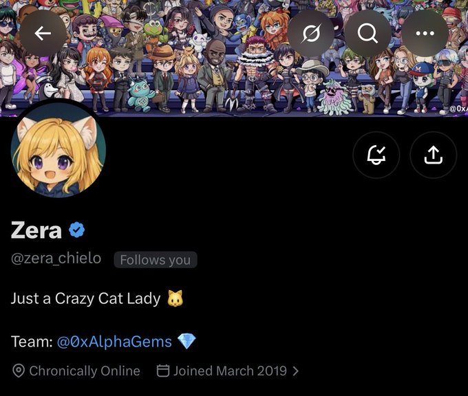 A screenshot of a Twitter/X profile for "Zera" (@zera_chielo), whose bio reads "Just a Crazy Cat Lady 🐱" and "Team: @0xAlphaGems 💎", featuring anime-style avatars in the banner.