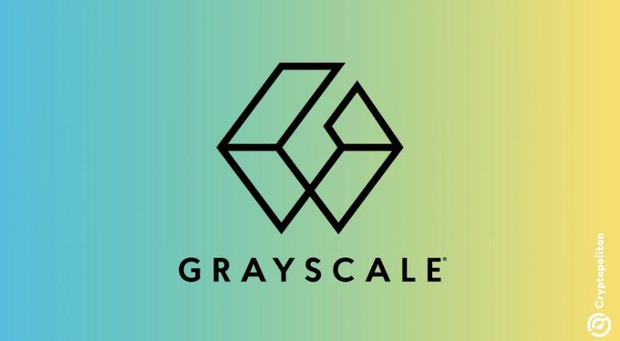 The image displays the Grayscale logo, featuring its distinctive geometric design with overlapping cube shapes above the wordmark "GRAYSCALE," set against a teal-to-yellow gradient background with a "Cryptopolitan" watermark. It accompanies a post urging Grayscale to reconsider adding Kaspa (and previously-cleared ADA, HBAR, and DOT) to its product pipeline, citing Kaspa's advancements in pure PoW, BlockDAG scaling, and base-layer programmability.