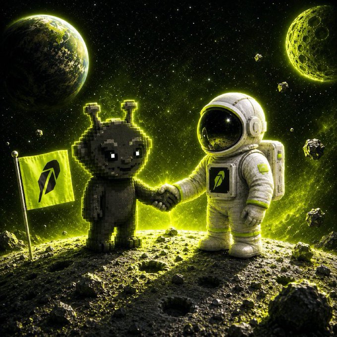 A digital artwork showing a pixelated character shaking hands with an astronaut on a moon-like surface, with planets and asteroids in a green-tinted cosmic background, alongside a flag with a logo.