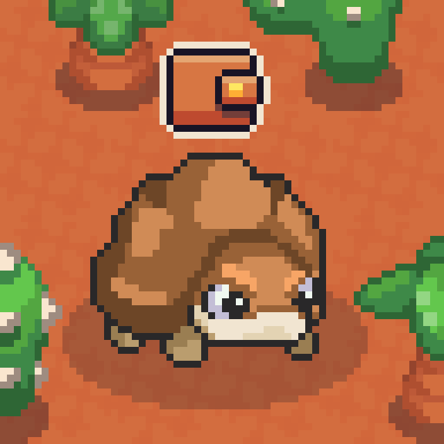 Pixel art illustration of a brown mushroom-like creature with a cute face, sitting on orange/red ground surrounded by green plants.