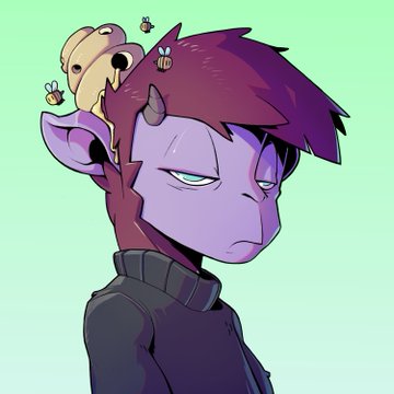 Cartoon illustration of a purple-skinned demon-like character with horns, looking annoyed, while a bee-like creature sits on their head.