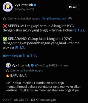 A Twitter/X post in Indonesian from Vyx Interlink (@VyxCrypto629) announcing a KYC verification update with $ITLG token allocation, noting previously needing 3 levels but now only Tier 1 (KYC) is required.