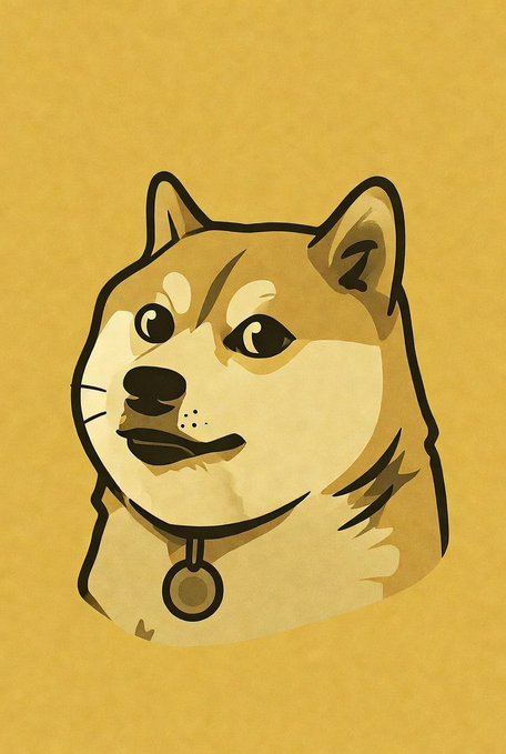 A stylized illustration of a Shiba Inu dog wearing a collar with a tag, featured against a yellow background in the iconic Doge meme style.