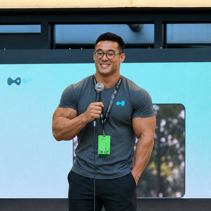 A smiling, muscular man wearing glasses and a gray t-shirt speaks into a microphone at an event, wearing a lanyard with 'CYCLONE' branding.