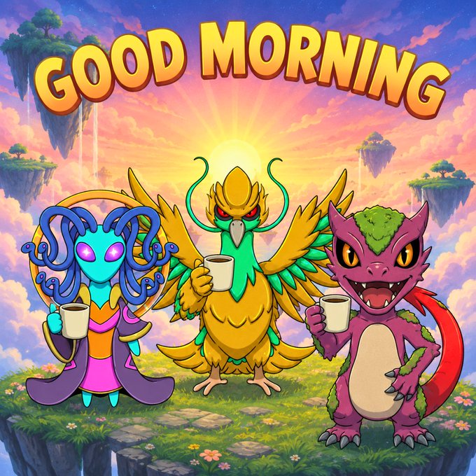 A colorful 'GOOD MORNING' greeting card featuring three cartoon creatures—the Medusa-like head, a bird-like figure, and a purple dragon—holding coffee mugs on a floating grassy island.