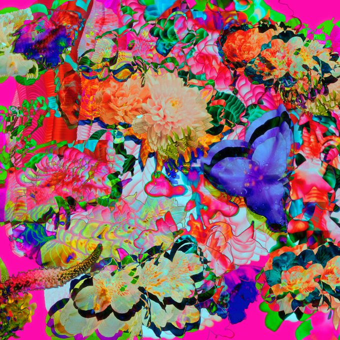 A vibrant, psychedelic collage of densely layered colorful flowers in pink, orange, purple, and green with no text or clear focal point.