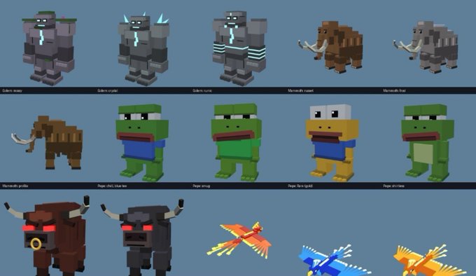A Minecraft texture pack screenshot displaying various custom mob skins, including labeled variations of Golems angry, Golems cry, Mammoths tamed, Mammoths frost, and Pepe frog characters in different poses.