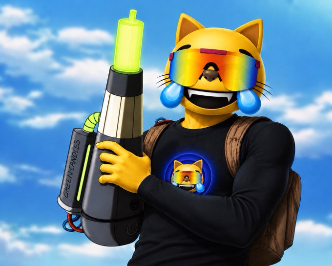 A 3D-rendered yellow cat character wearing rainbow sunglasses and a black shirt holds a futuristic laser weapon labeled 'GREENCANDLES' against a blue sky background.