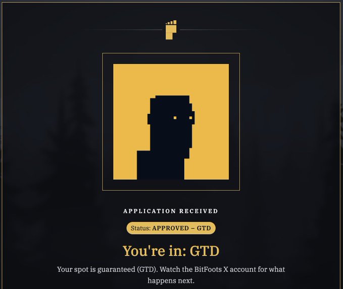 A dark-themed graphic featuring a pixelated figure in a yellow frame confirms "Application Received" with status "APPROVED – GTD" and the bold message "You're in: GTD," noting that the spot is guaranteed. The caption celebrates the user's excitement about being selected, reflecting the post's question "Am I the Luckiest Person?"