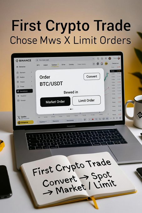 The image shows a laptop displaying a Binance trading interface for BTC/USDT with "Order" options for "Market Order" and "Limit Order," alongside an open notebook titled "First Crypto Trade: Convert → Spot → Market / Limit," visually reinforcing the post's message that beginners should understand the different buying methods (Convert, Spot, Market Order, Limit Order) before executing their first crypto trade rather than simply pressing buy.