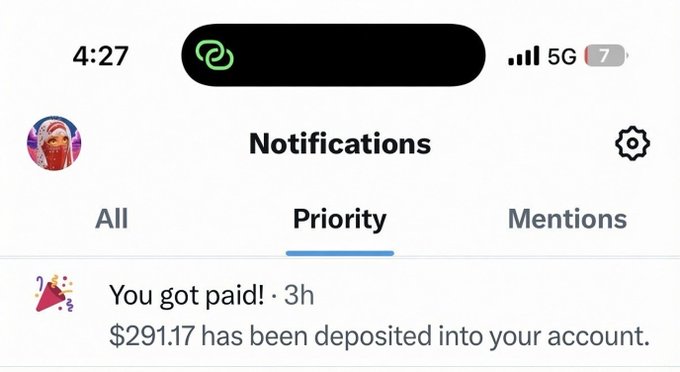 The image shows a phone screen with an alert that reads "Notifications", followed by a list of notifications, including one for a payment made by someone named X. The message also mentions that the payment has been deposited into their account.
