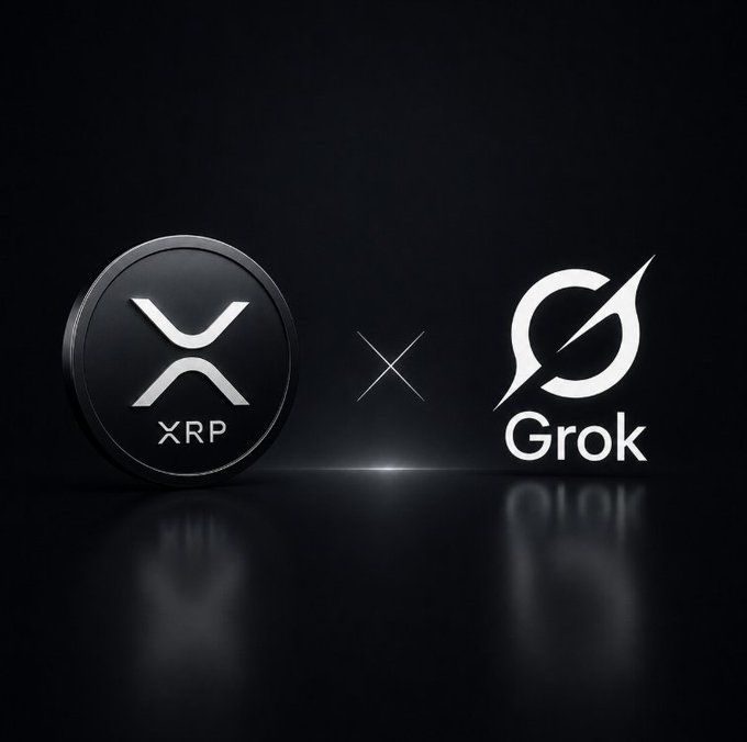 The image displays the XRP logo on the left and the Grok AI logo on the right, separated by an "x" symbol, set against a sleek black background—visually representing Grok AI's analysis of XRP's price potential should the CLARITY Act pass, as outlined in the accompanying post.
