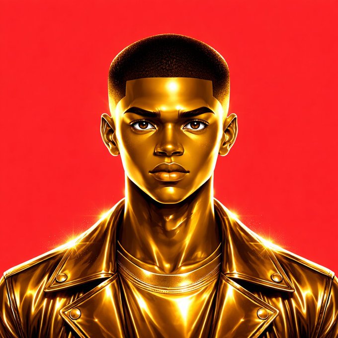 The image shows a digitally stylized portrait of a person with golden skin and a golden jacket, set against a vibrant red background. It complements the uplifting "Gm CT" morning post, embodying a radiant, divine glow that visually echoes the message of love, faith, and new beginnings with God.