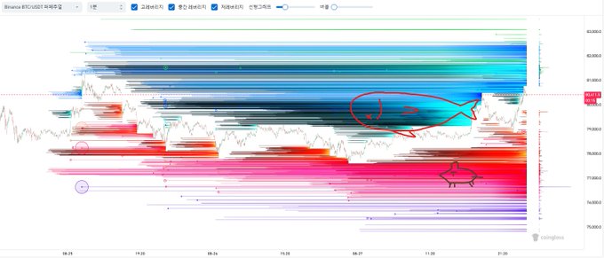 A Bitcoin order book heatmap visualization from CoinGlass showing BTC/USDT perpetual contracts on Binance, with red handwritten annotations circling key liquidity zones and a marked whale icon in a high-volume price area.