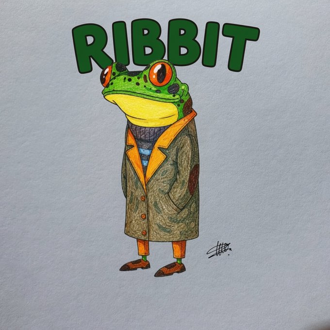 An illustration of an anthropomorphic green frog wearing a trench coat and orange pants, with the word 'RIBBIT' displayed in large green letters above it.