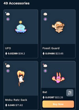 A screenshot of a '49 Accessories' shop interface showing purchasable items including a 'UFO' for $38.20, 'Fossil Guard' for $23.65, 'Moku Ratz Sack' for $71.62, and 'Bat' for $22.25 with a 'Buy Now' button highlighted.