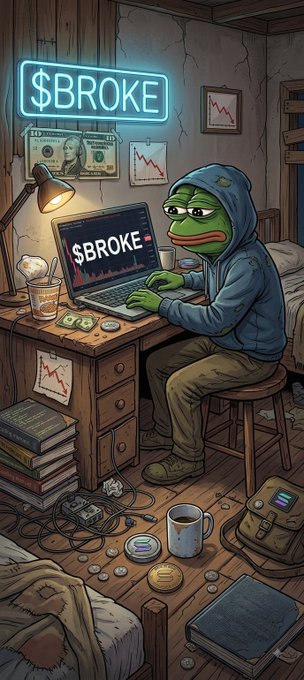 A cartoon-style illustration of a sad Pepe the Frog character wearing a hoodie and glasses, sitting at a messy desk using a laptop displaying '$BROKE,' with a matching neon '$BROKE' sign on the wall, surrounded by books, a coffee mug, and an empty wallet.
