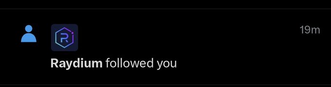 A notification indicating that "Raydium followed you" on a social platform, shown 19 minutes ago.