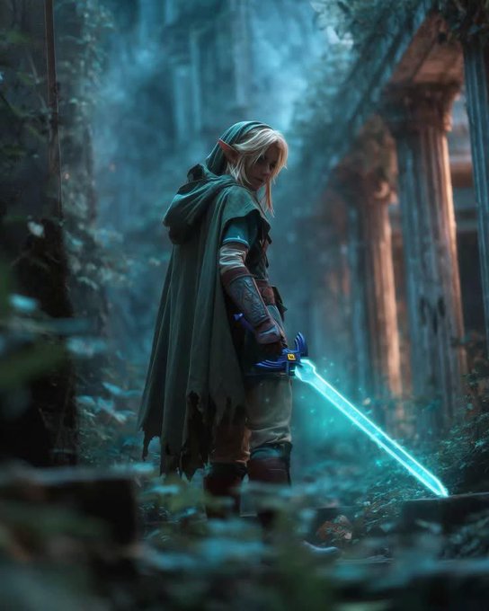 A fantasy illustration shows a blonde elf-like warrior in a tattered green cloak and armor, standing in a misty ancient forest while holding a glowing cyan sword.
