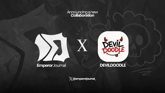 The image announces a new collaboration between "Emperor Journal" and "DEVILDOODLE," featuring their respective logos—a stylized "M" emblem and a devil-themed doodle character—separated by an "X" on a dark background with the handle "@emperorjournal_" below.