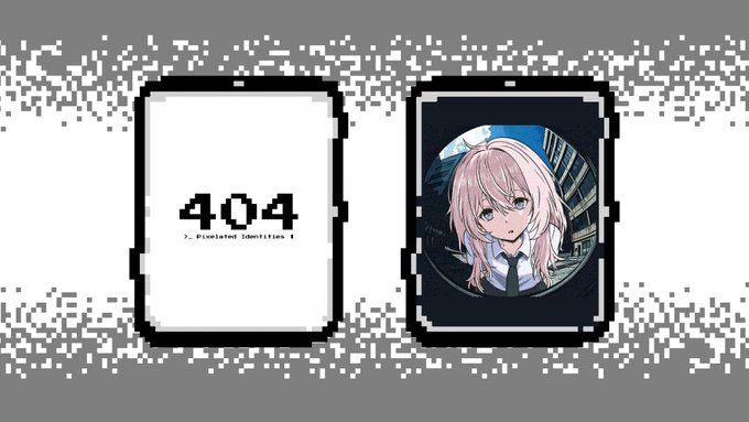 A pixelated 404 error page from "404: Pixelated Identities" displays the "404" code alongside an anime-style illustration of a pink-haired character, set against a static-filled black and white background, visually representing the NFT project's collaboration with @momoyumemi.