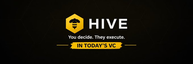 The image displays the HIVE logo with a bee emblem and the tagline "You decide. They execute. IN TODAY'S VC" against a dark background. It relates to the post by highlighting Hive's branding while the text emphasizes the consolidation of the old Blox project into one unified Hive token and team.
