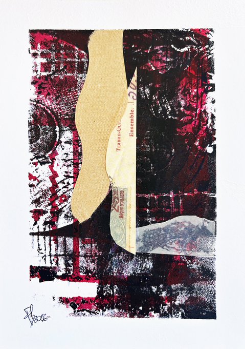 An abstract mixed-media collage features textured red, black, and white patterns with a central gold shape and collaged paper elements containing text fragments like 'Ensemble'.