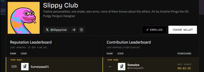 A second 'Slippy Club' page screenshot showing the same description and Twitter handle @slippyclub, with both a Reputation Leaderboard (user 'Sumaiyaaa01' at rank 225) and Contribution Leaderboard (user 'Sumaiya' at top) displayed side by side.