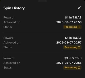 A mobile app 'Spin History' screen displaying three rewards in TSLAB and SPCXB tokens, all marked as 'Processing' and achieved on 2026-08-07.