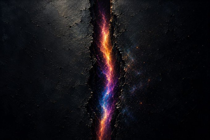 A glowing vertical fissure of vibrant orange, purple, and blue cosmic energy splits through a dark, cracked surface—symbolizing "The Threshold," a digital artwork selected for the NFT.NYC Community Artist Showcase and set to be displayed on Times Square billboards on September at 18:30 PM.